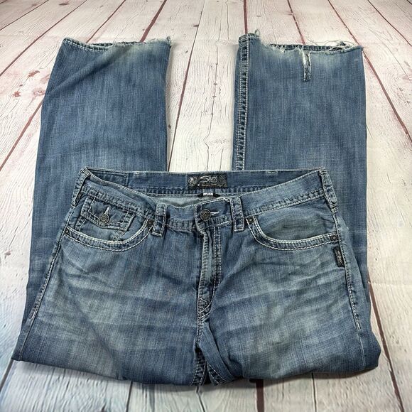 Silver Jeans Mens 38x32 Faded Blue Denim Zac Flap Pocket Boot Cut Distressed - Picture 1 of 16